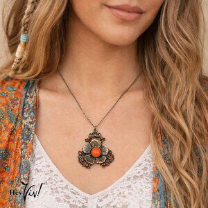 Vintage Pendant Necklace Chain w Fancy Flower Orange Bead Accent - Hey Viv